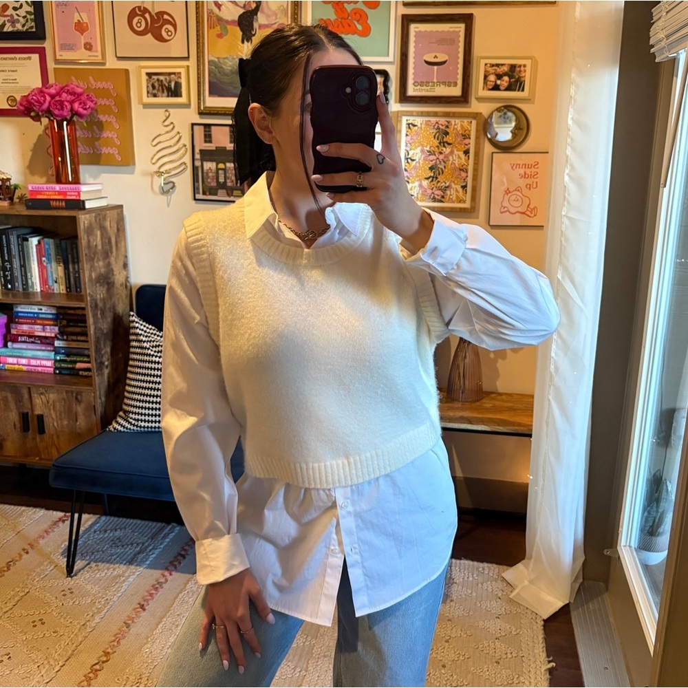 NEW OPEN EDIT Layered Sweater Vest Top Ivory - Picture 8 of 10